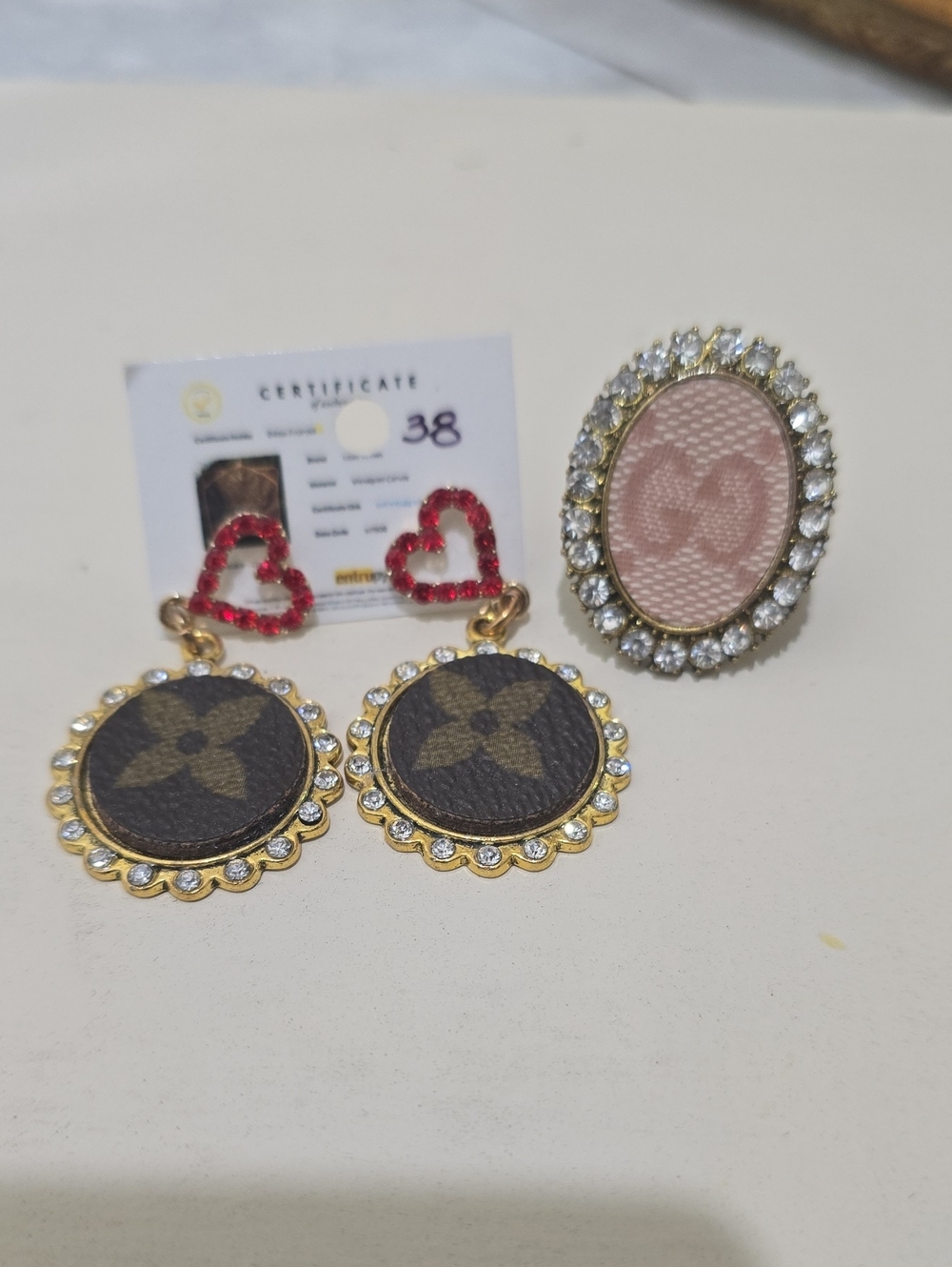 Gold-Tone Brown Monogram Drop Earrings with Red Heart Studs